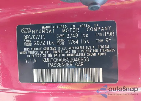 2012 Hyundai Veloster Base W/Red/Black из США, поврежденный, VIN KMHTC6AD6CU048653